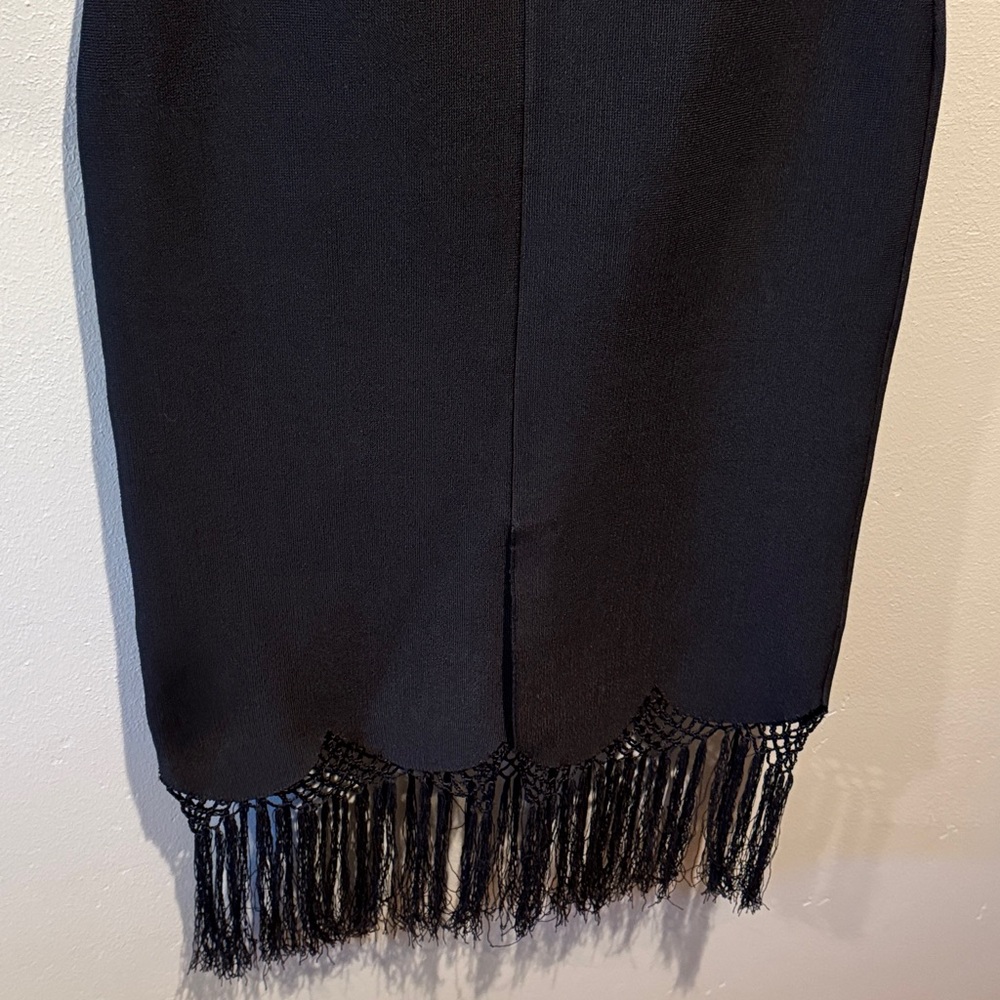 A.L.C Scalloped Black Fringe Hem Pencil Bodycon High Waisted Tassel Skirt - Picture 10 of 13
